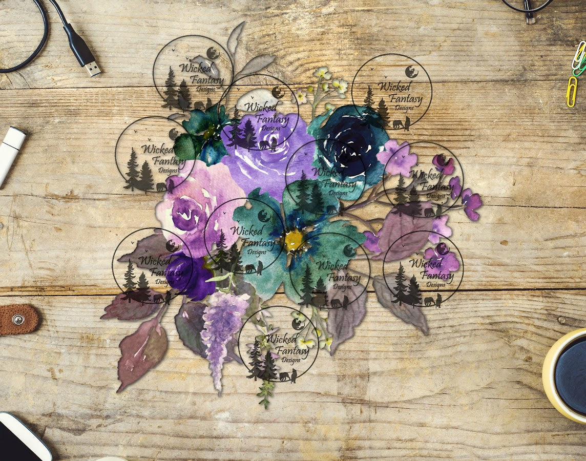 UVDTF Teal and Lavender Flower Arrangement