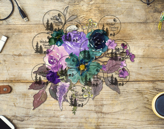 UVDTF Teal and Lavender Flower Arrangement
