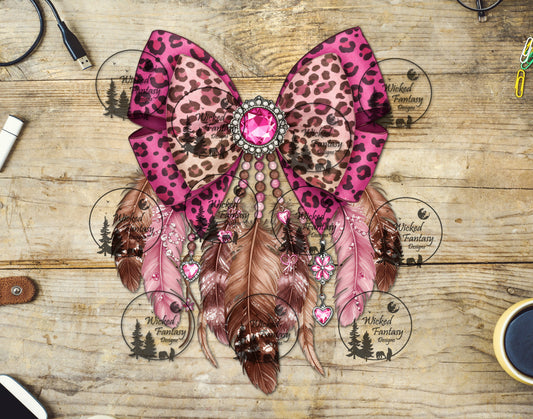 UVDTF Pink Leopard Bow with Feathers