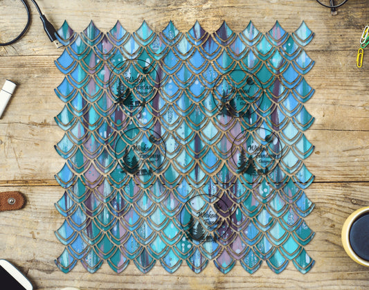 UVDTF Teal Brushstrokes Dragon Scales 10"x10" Element
