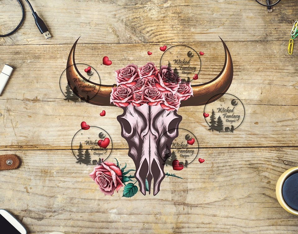 UVDTF Pink Rose Cow Skull