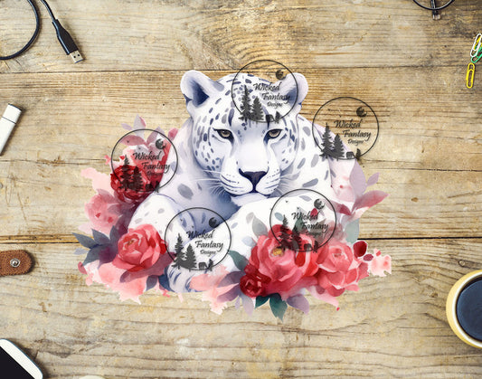UVDTF Snow Leopard with Watercolor Roses