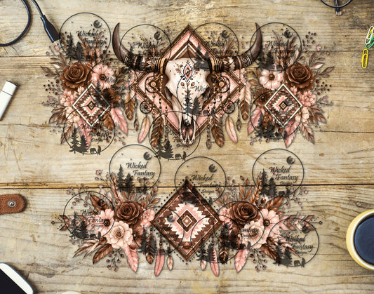 UVDTF Blush and Caramel Boho Cow Skull 16oz 40oz Tumbler Wrap