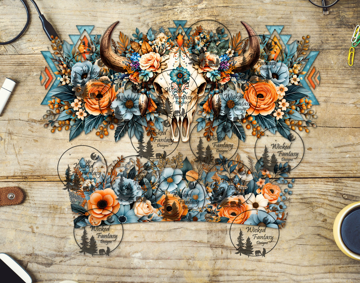 UVDTF Aztec Floral Cow Skull 40oz 16oz
