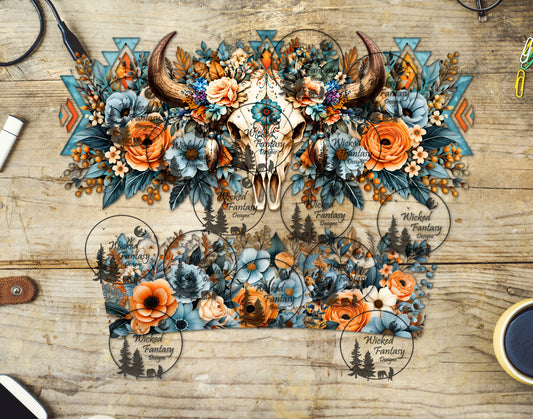 UVDTF Aztec Floral Cow Skull 40oz 16oz