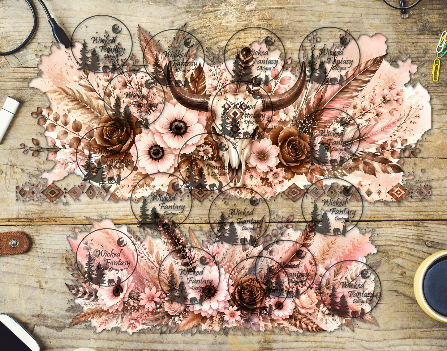 UVDTF Blush and Caramel Floral Cow Skull 16oz 40oz Tumbler Wrap