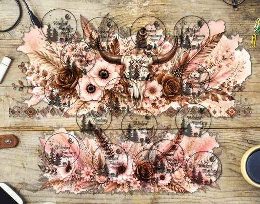 UVDTF Blush and Caramel Floral Cow Skull 16oz 40oz Tumbler Wrap