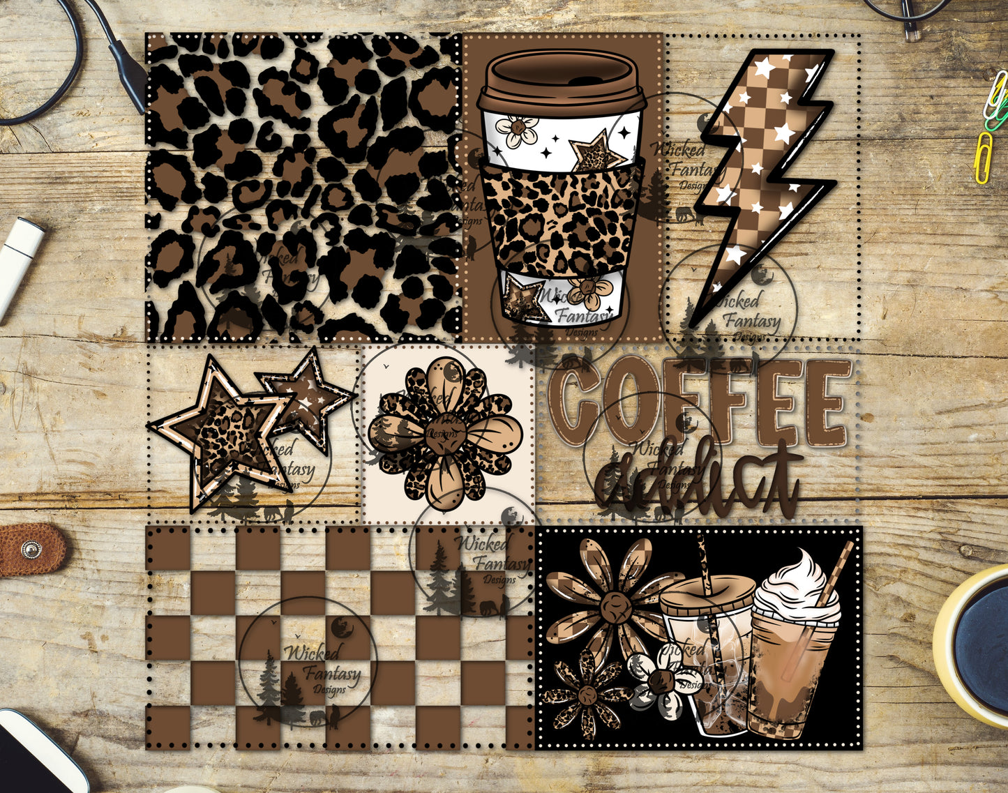 UVDTF Coffee Addict Patchwork 20oz 30oz 10"x10" Element