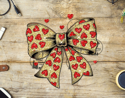 UVDTF Faux Glitter Gold Bow with Red Hearts