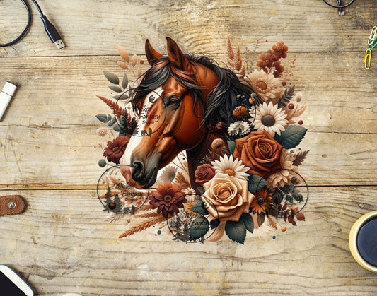 UVDTF Bay Horse with Rust and Beige Roses