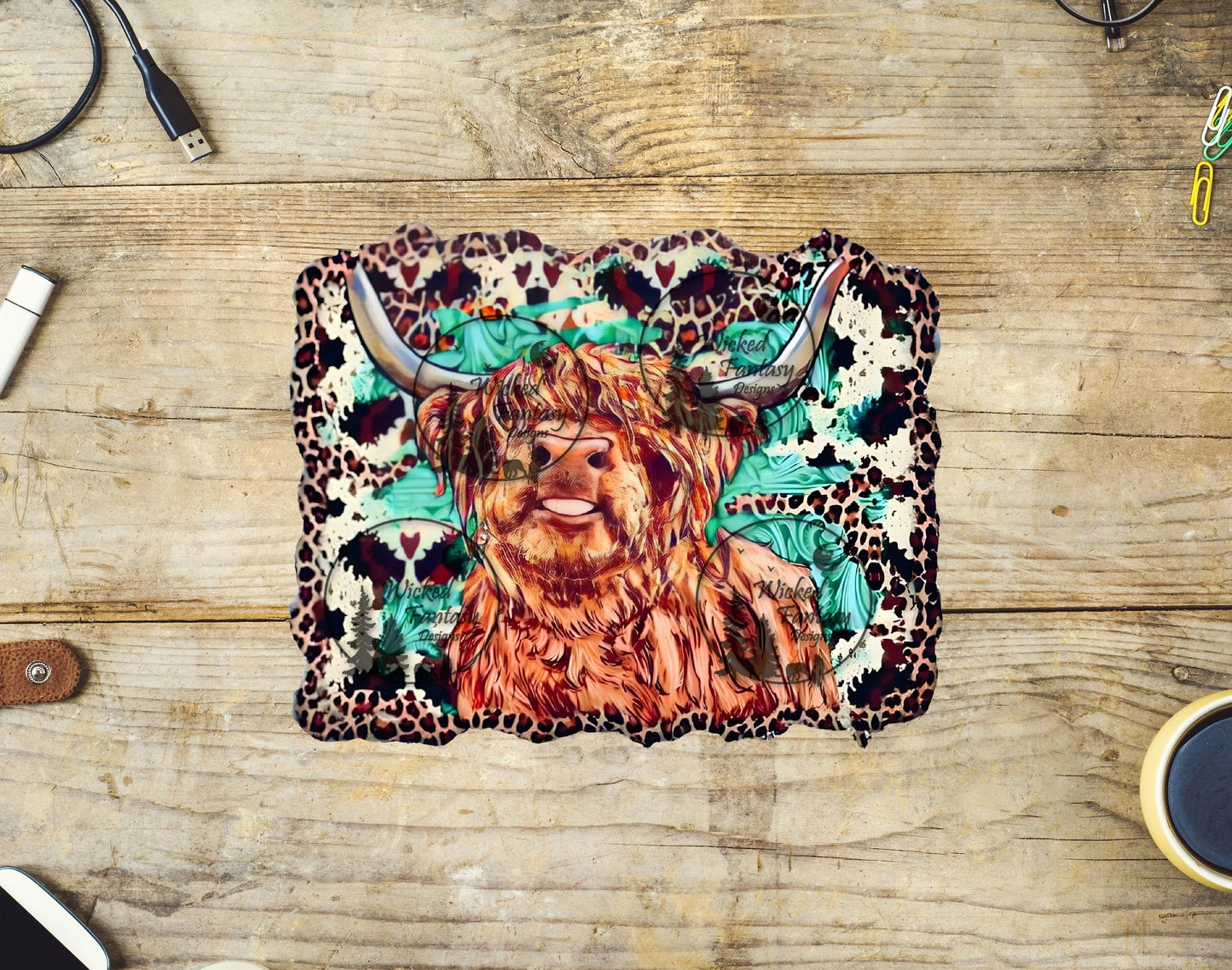UVDTF Highland Cow on Cowhide Leopard and Turquoise Background