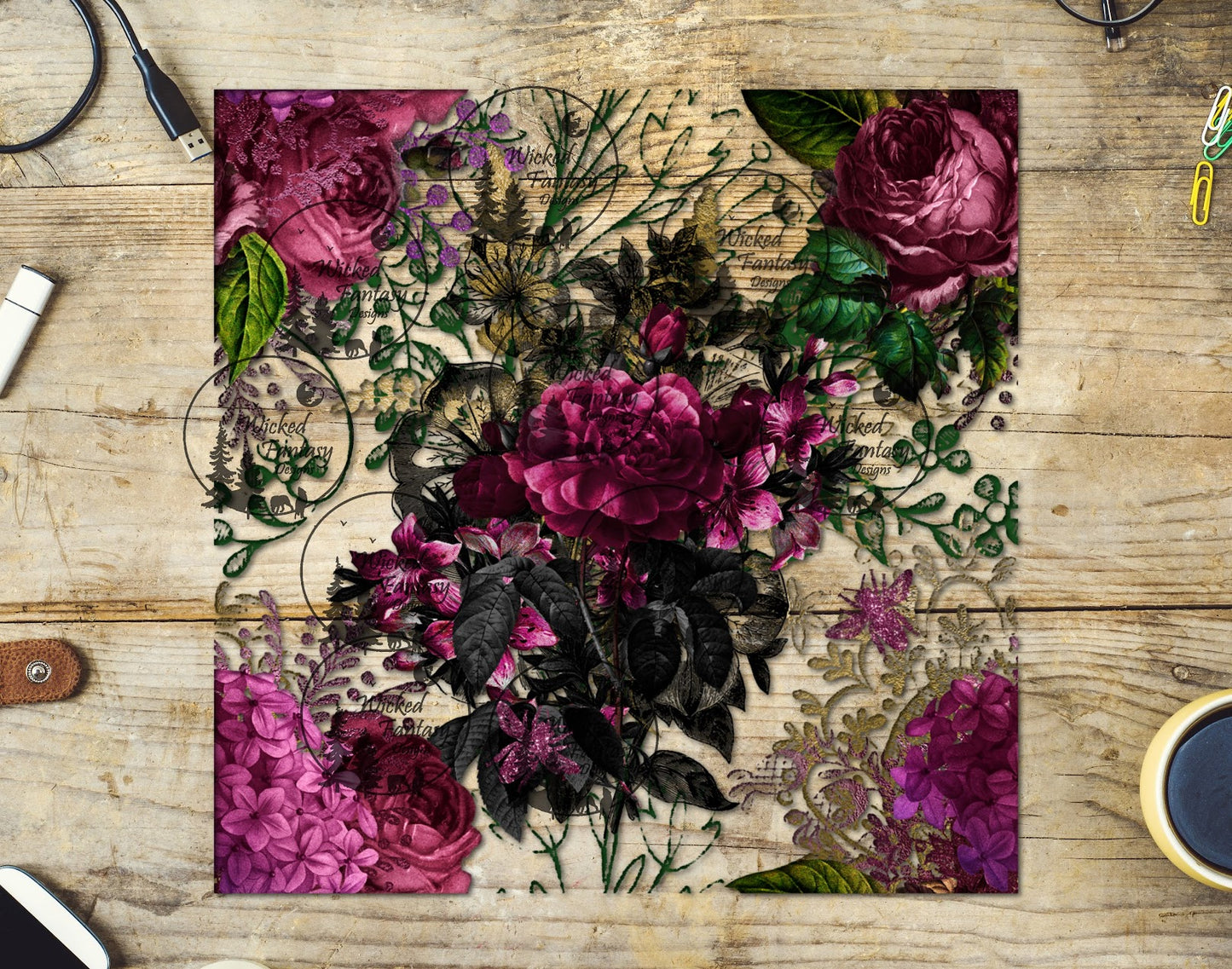 UVDTF Burgundy Black and Gold Floral 20oz 30oz 10"x10"