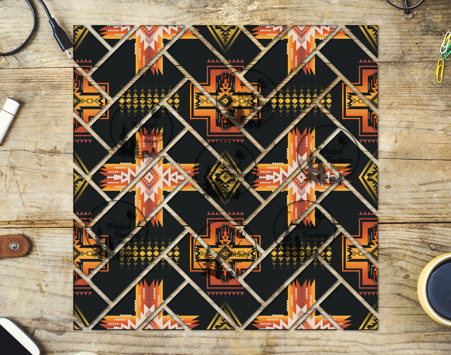 UVDTF Black and Orange Aztec Herringbone 20oz 30oz 10"x10"
