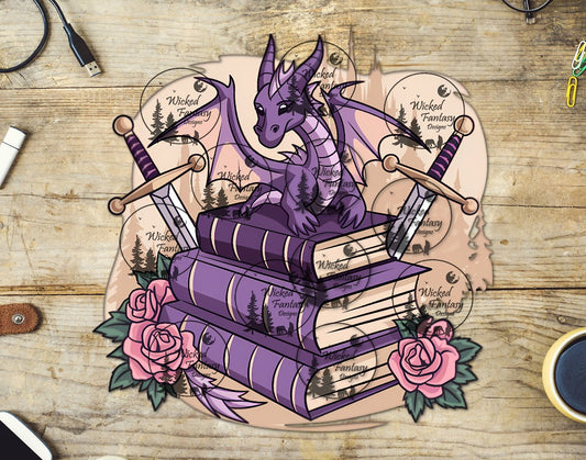 UVDTF Fantasy Reading Dragon on Stack of Books