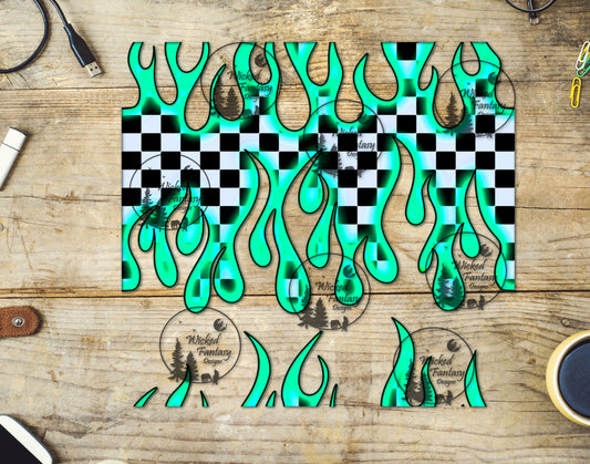 UVDTF Electric Mint Neon Checkered Flames 20oz 30oz 10"x10" Element