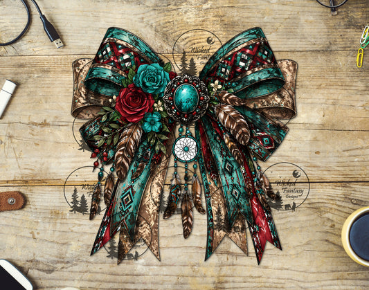 UVDTF Red Teal and Tan Aztec Double Bow with Concho