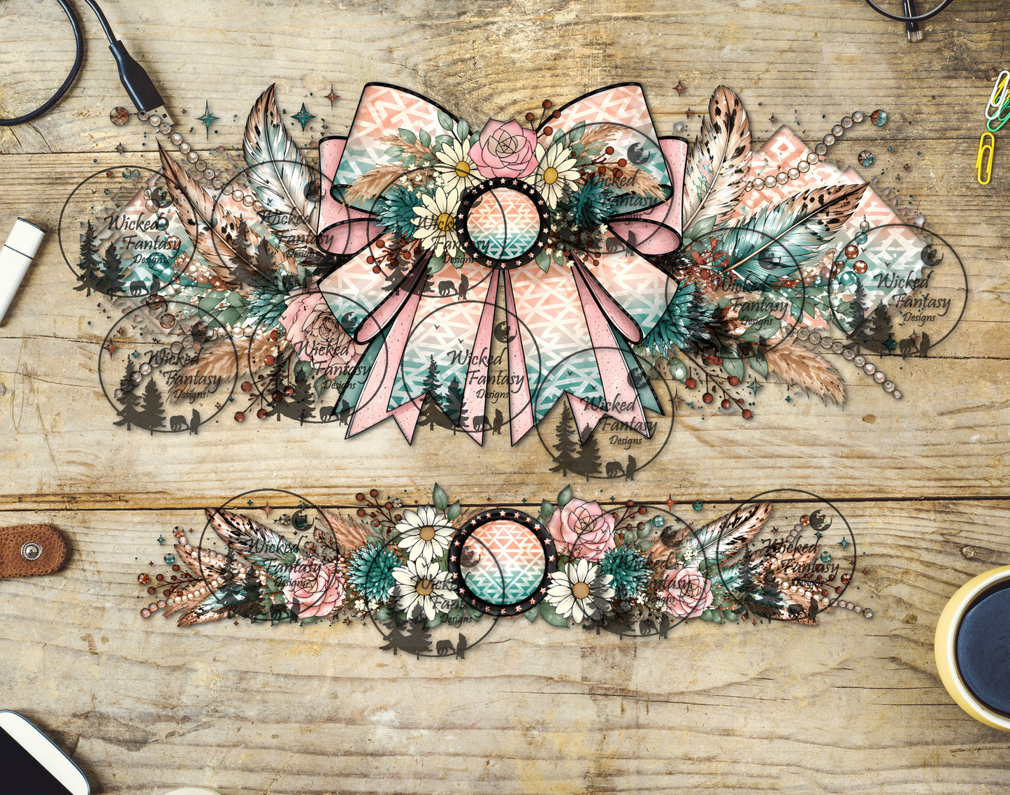 UVDTF Aztec Coral Bow and Florals 16oz 40oz Tumbler Wrap