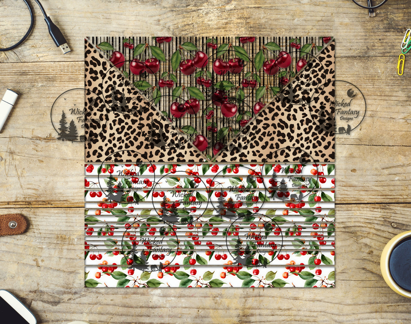 UVDTF Cherries and Leopard Triangles and Stripes 20oz 30oz 10"x10" Element Sheet