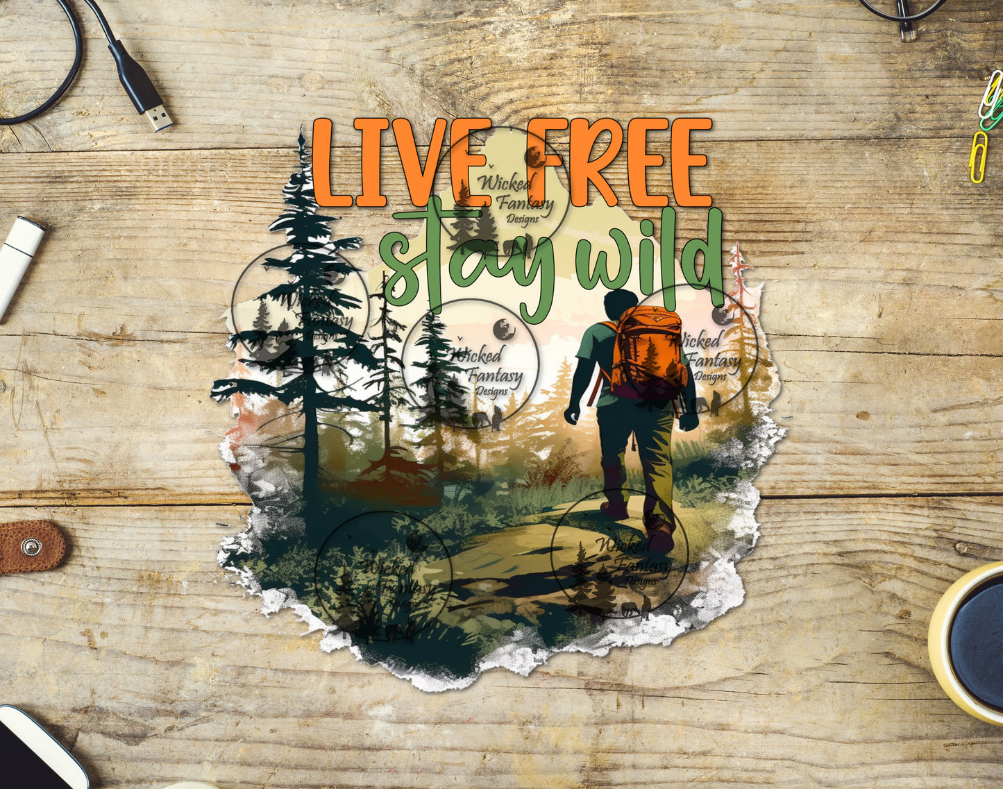 UVDTF Decal Live Free Stay Wild Sunny Woodland Hiking Transparent Background Sticker 1pc