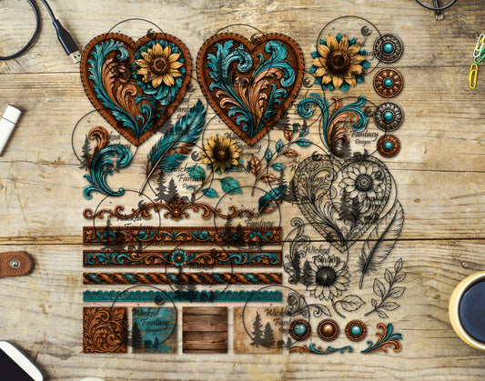 UVDTF Tooled Leather Sunflowers Multimedia Element Sheet