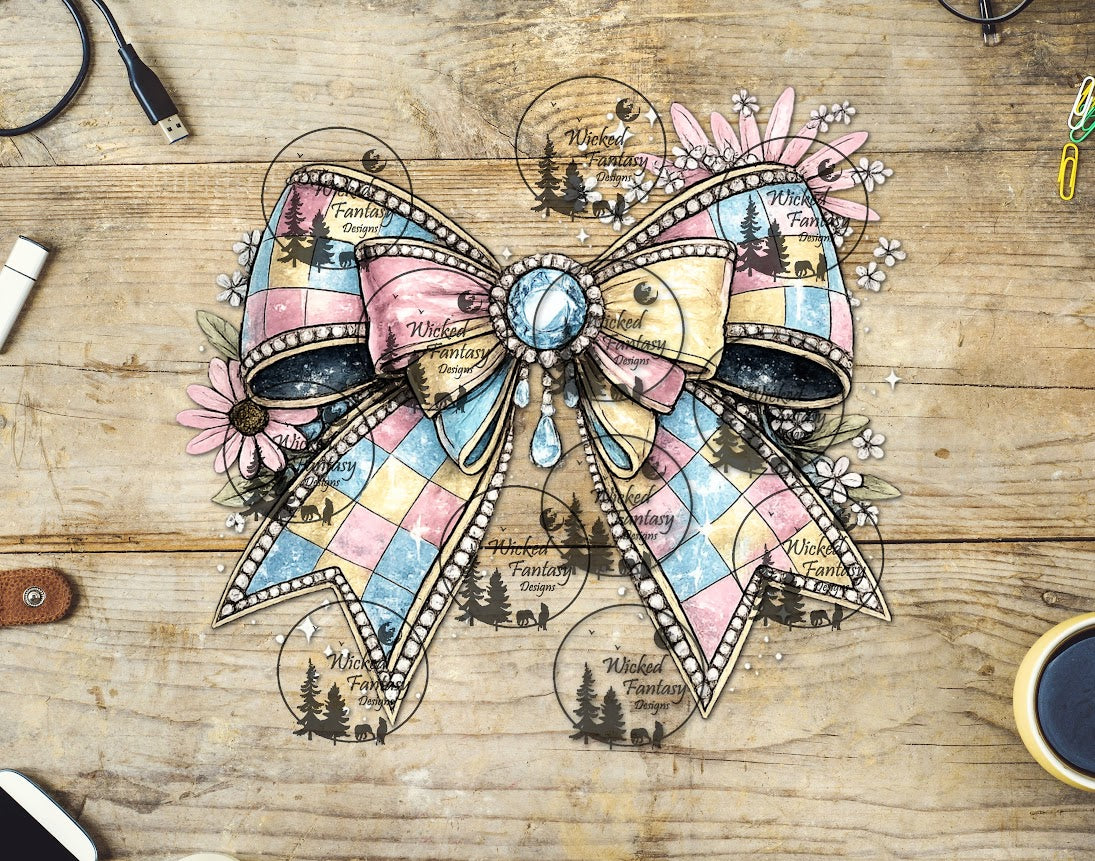 UVDTF Pastel Checkered Rhinestone Bow with Daisies