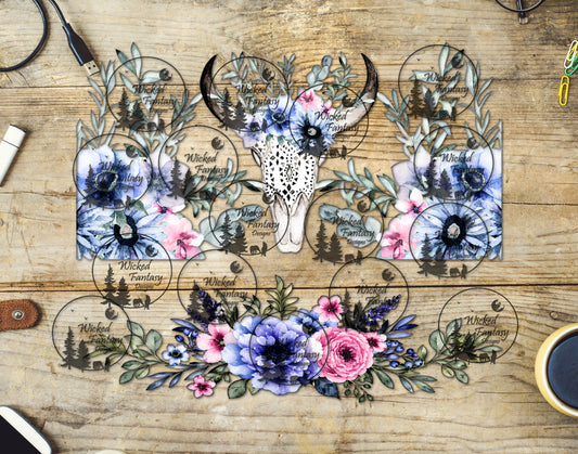 UVDTF Boho Cowskull and Ice Blue Flowers 16oz 40oz Tumbler Wrap Element