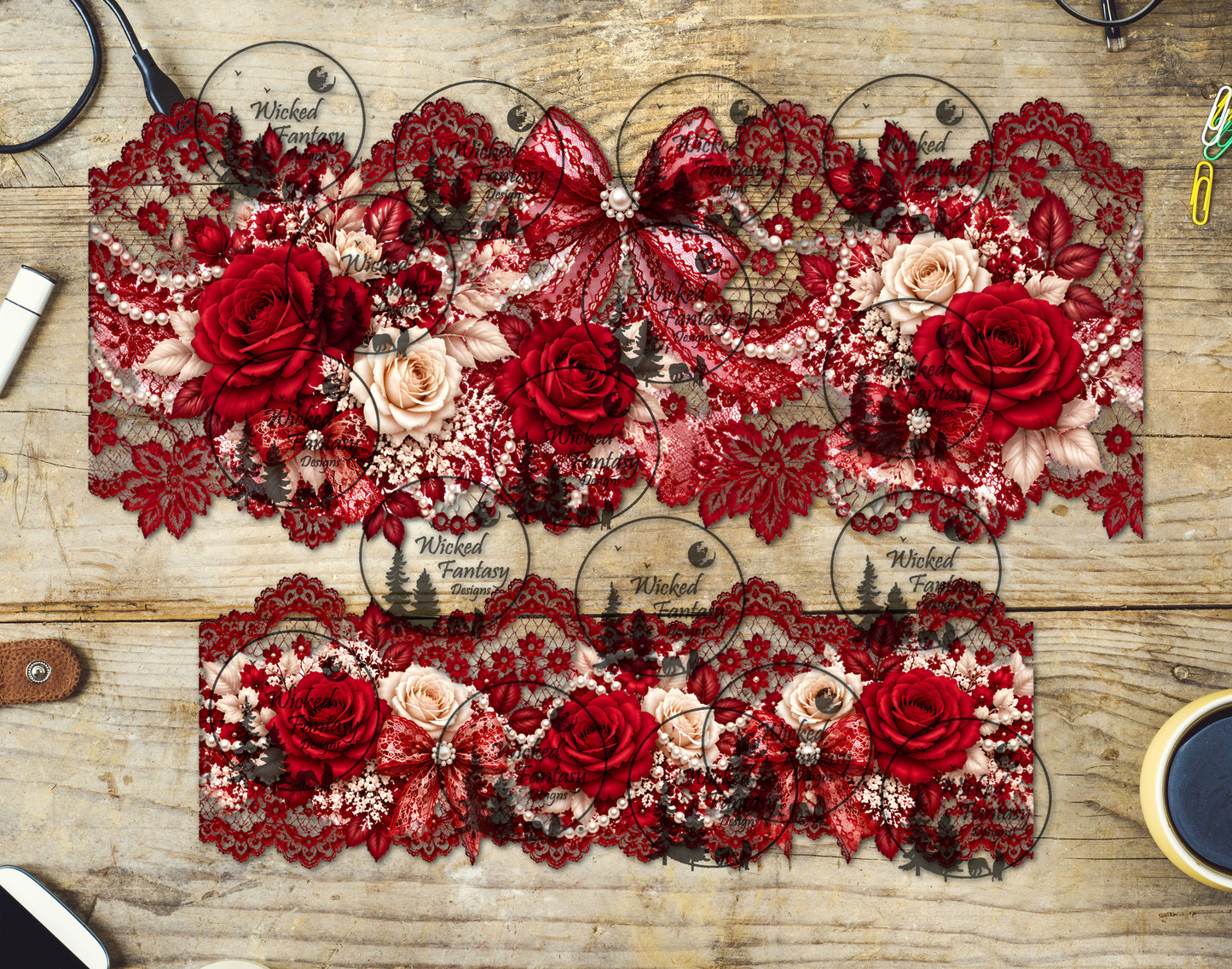 UVDTF Coquette Red Lace and Pearls 16oz 40oz Tumbler Wrap