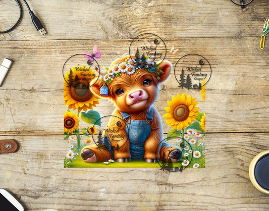 UVDTF Cute Calf with Sunflowers and Overalls