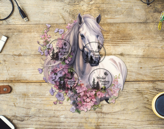 UVDTF Grey Horse with Pink and Lavender Flowers