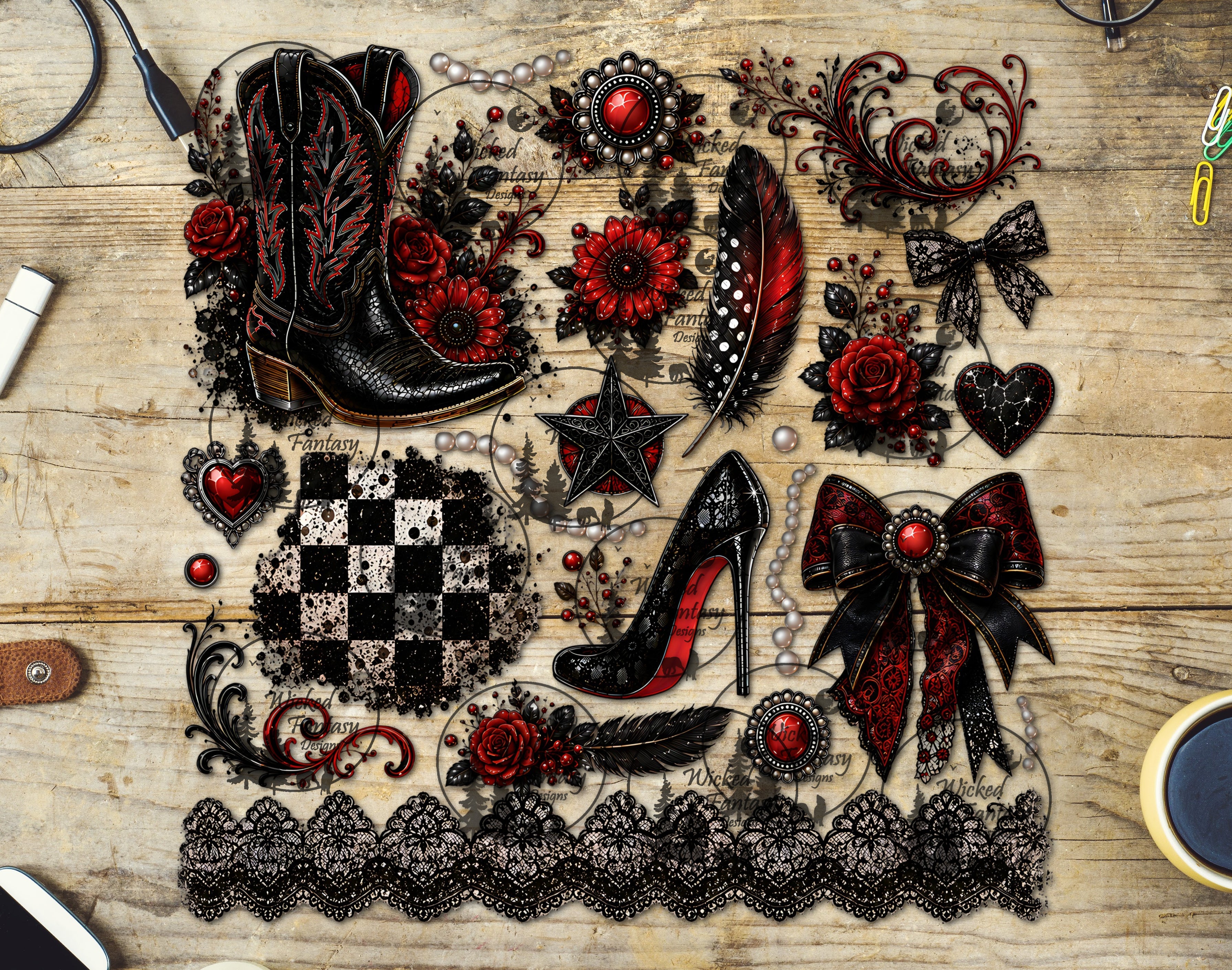 UVDTF Coquette Black and Red Cowgirl Element Sheet – Wicked Fantasy Designs