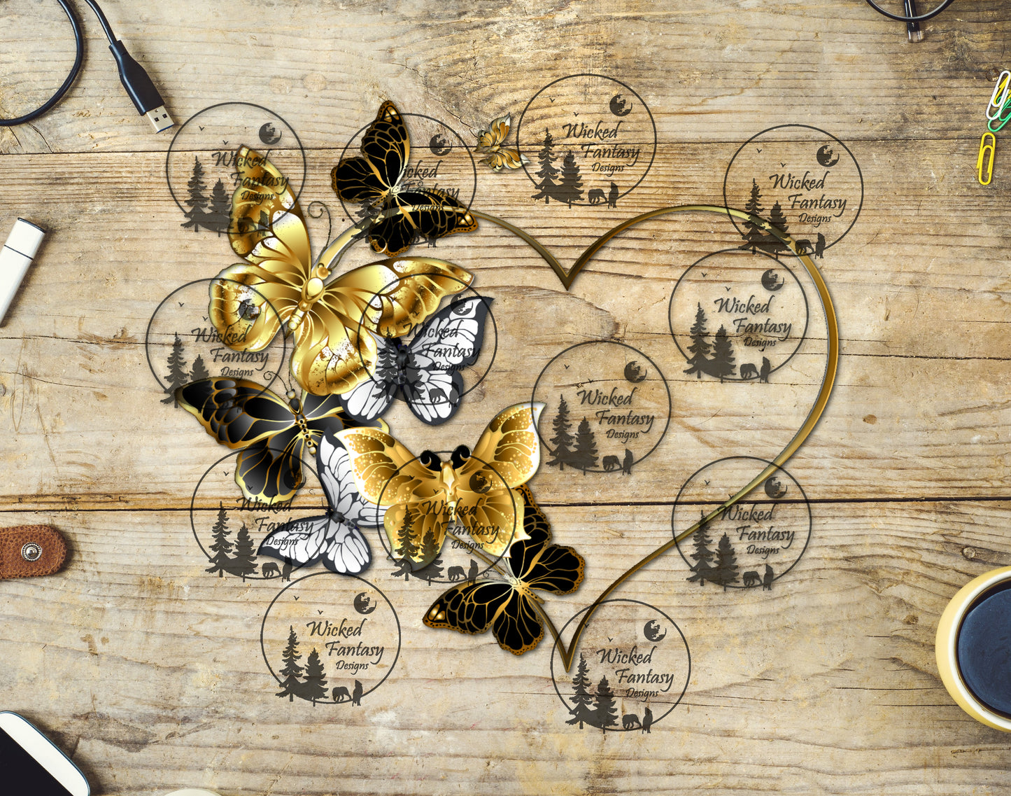 UVDTF Black Golden Butterflies and Heart