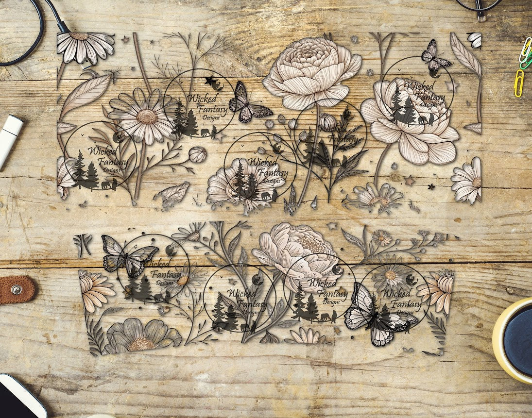 UVDTF Daisy Neutrals and Butterflies 16oz 40oz Tumbler Wrap