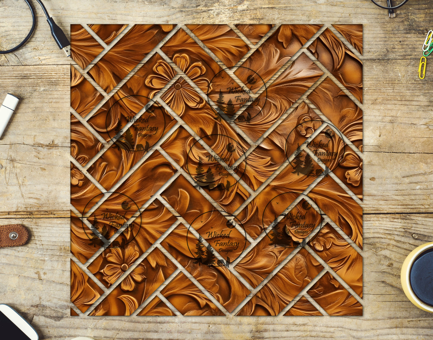 UVDTF Tooled Leather Herringbone 20oz 30oz 10"x10"