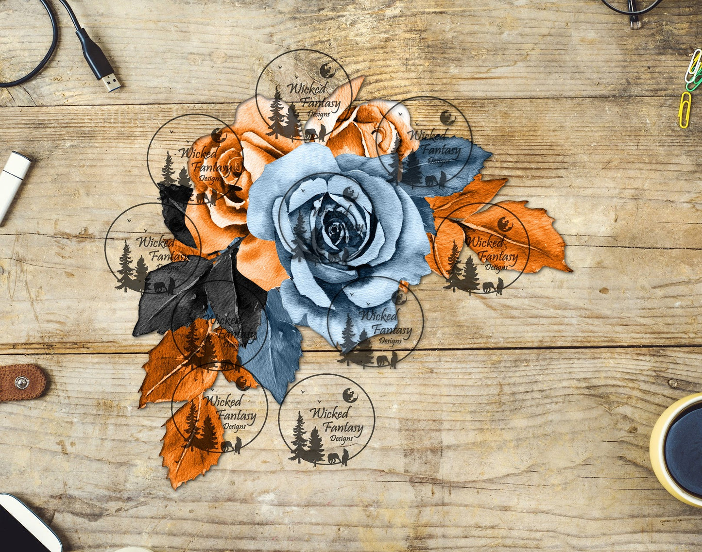 UVDTF Dusty Blue and Orange Roses Floral Arrangement