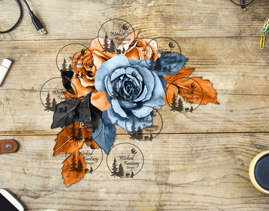 UVDTF Dusty Blue and Orange Roses Floral Arrangement