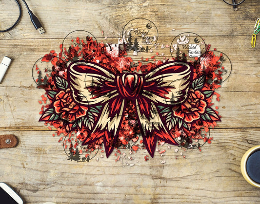 UVDTF Red Grunge Roses Bow