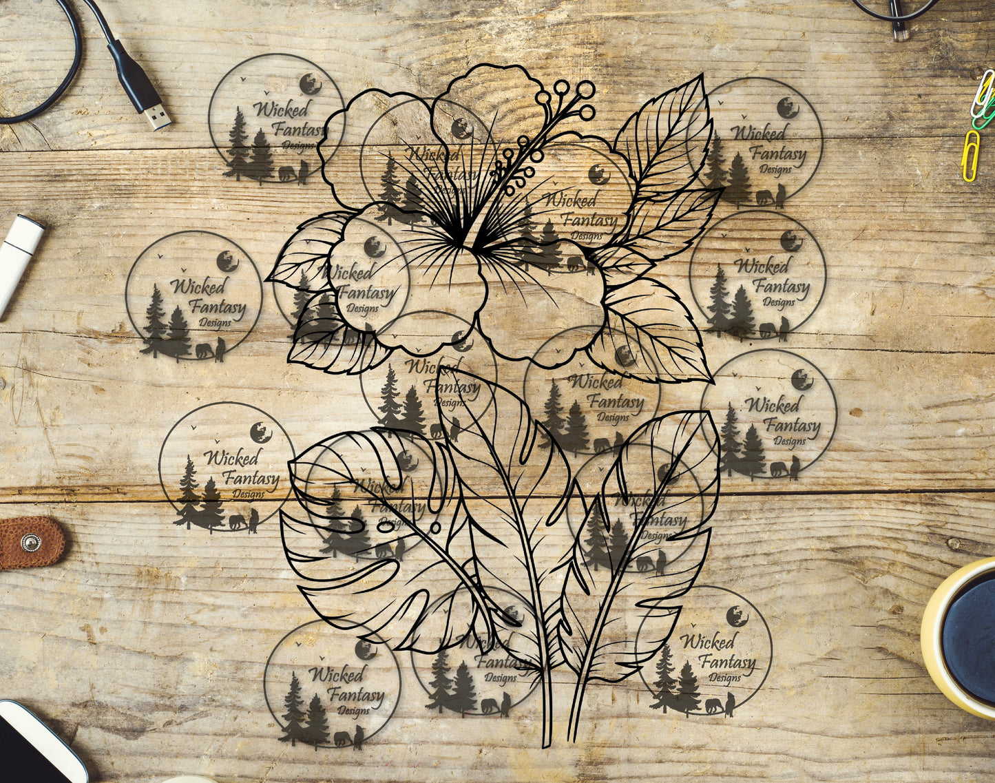 UVDTF Hibiscus and Tropical Foliage Line Art