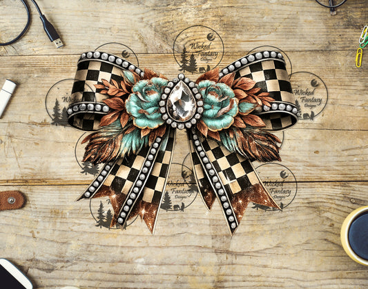 UVDTF Checkered Teal Roses Bow