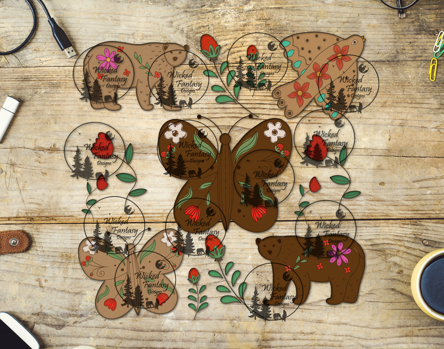 UVDTF Folk Art Bears and Butterflies 10"x10" Element Sheet