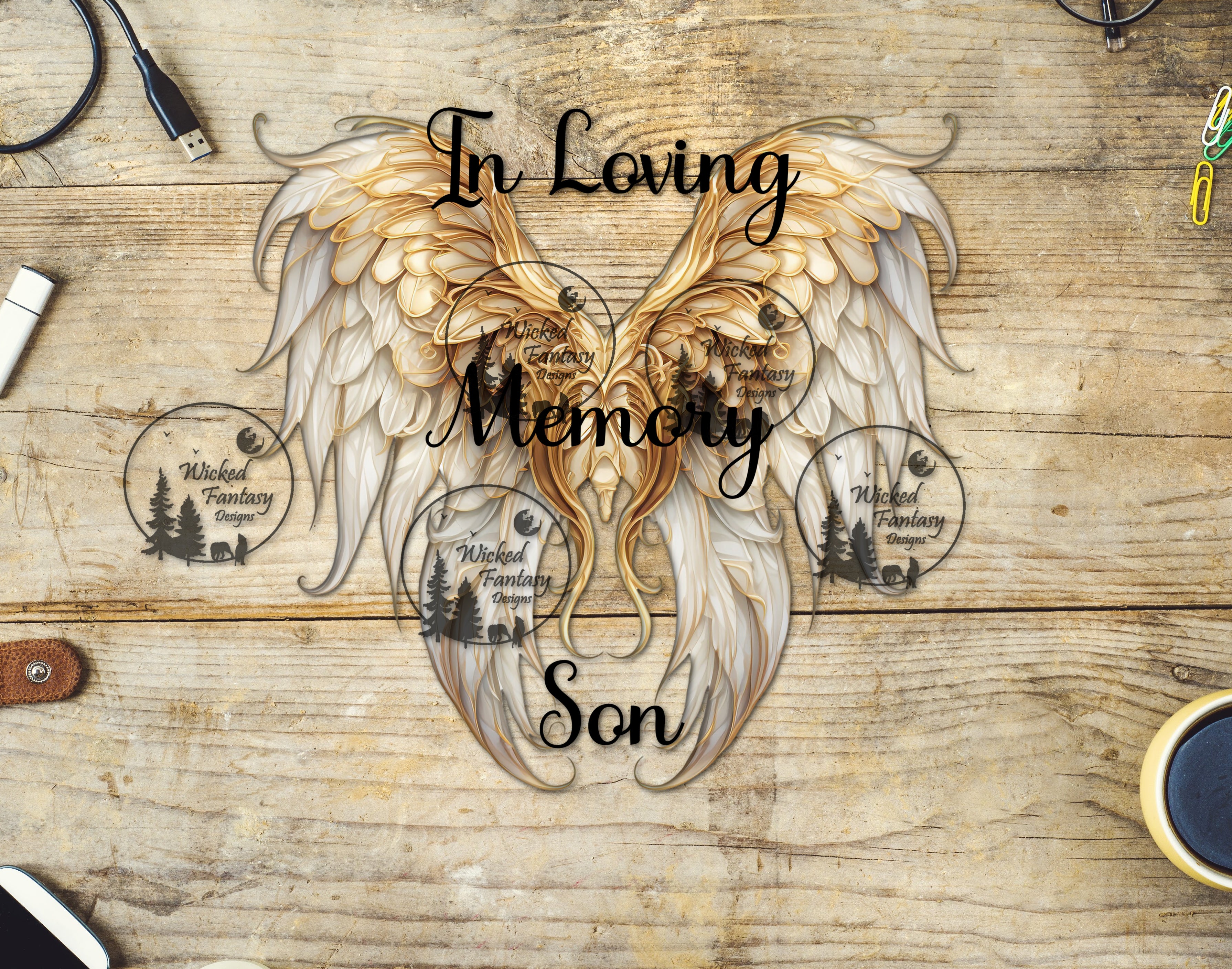 Angelic Memory UVDTF In Loving Memory Son Gold Angel Wings – Wicked Fantasy Designs
