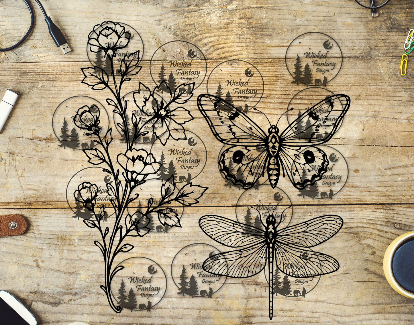 UVDTF Butterfly and Dragonfly Line Art