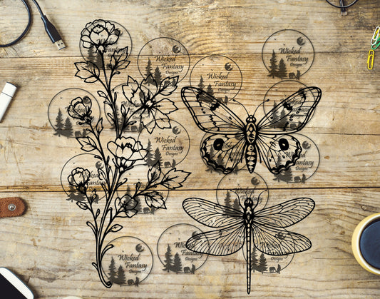 UVDTF Butterfly and Dragonfly Line Art