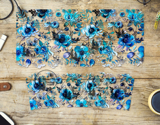 UVDTF Aqua and Royal Blue Floral Arrangement 16oz 40oz Tumbler Wrap