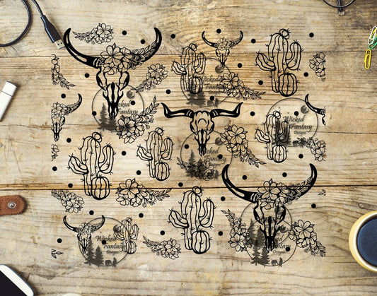 UVDTF Cactus and Cow Skulls Western Line Art 20oz 30oz 10x10"