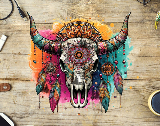 UVDTF Orange Pink Teal Boho Cow Skull 20oz 30oz 10"x10" Element