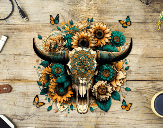 UVDTF Teal and Yellow Sunflowers Cow Skull Element