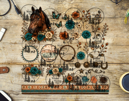 UVDTF Teal and Rust Western Floral Element Sheet