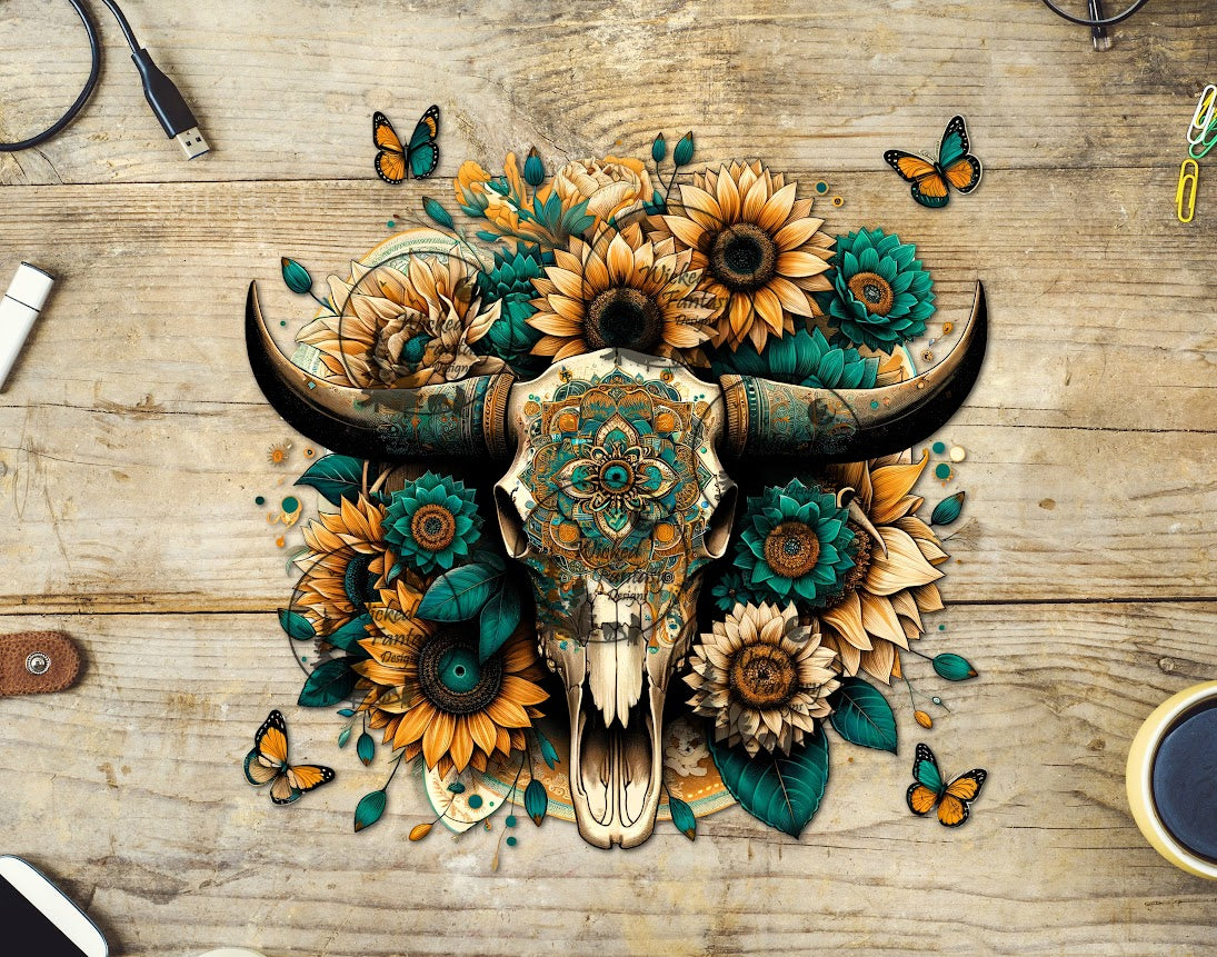 UVDTF Teal Sunflowers Boho Cow Skull with Feathers