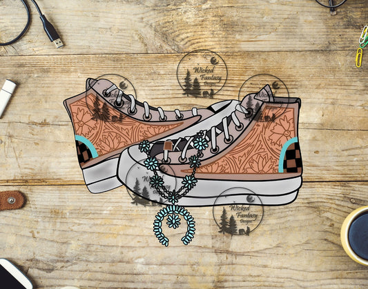 UVDTF Tooled Leather Sneakers with Turquoise Squash Blossom