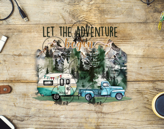 UVDTF Decal Let The Adventure Begin Mountains Vintage Retro Camper Truck Glamping Transparent Background Sticker